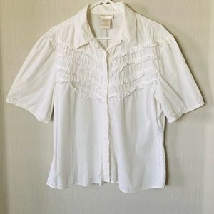 Vintage Late 1980s Christie & Jill Retro Basic Ruffled Button-down Blouse